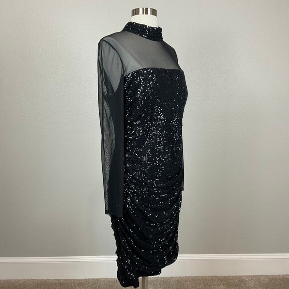 Eliza J Women's Sequined Long Sleeve Midi Sheath Cocktail Dress Black Size 8 - Picture 4 of 13